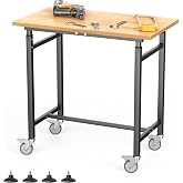 TORACK Adjustable Workbench with Rubberwood Top, Rolling 32x18 in Worktable | Height adjustable 28"&ndash;38", heavy-duty garage workbench with Wheels, up to 1000 lbs