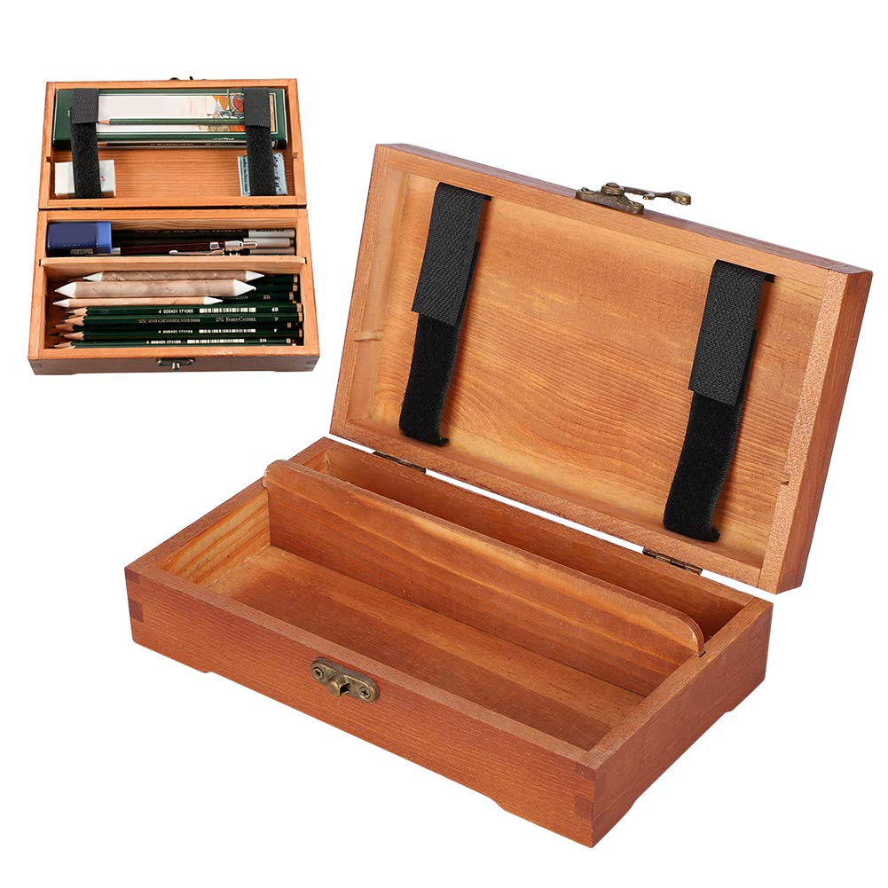 Wooden Pencil Box, Wooden Box with Hinged Lid, Solid Wood Sketch Box for Storing Children's Stationery 20 x 11.5 x 5.3 cm
