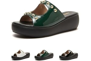 WENOREG Women's Rivets Open Toe Backless Platform Wedge Sandals,Summer Comfortable Thick Sole with Rhinestone Banded Wide Solid Color Outdoor Non Slip Beach Slippers Casual Walking Shoes