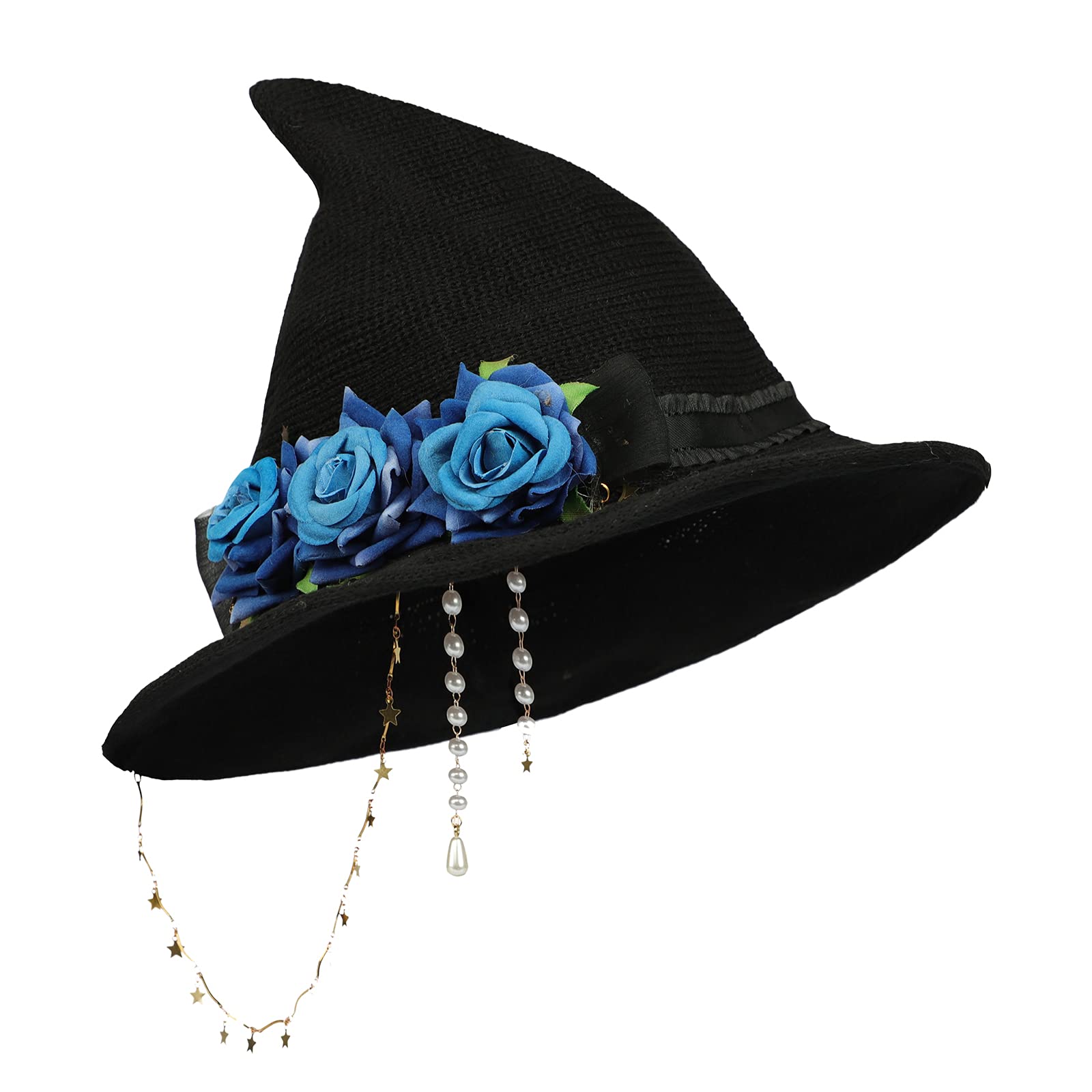 Halloween Witch Hat with Gothic Rose Bow Shapeable Brim Women Halloween Wool Knitted Witches Hat Handmade Wizard Hat Cap Lolita Party Masquerade for Carnival Daily Cosplay Costume Accessory 56-59CM