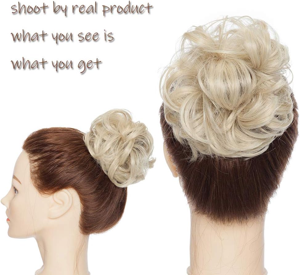 Silk-co Synthetic Hair Bun Extensions Messy Curly Hair Scrunchies Hairpieces Updo Donut Hairpieces for Women -Bleach Blond & Bleach White - Image 3