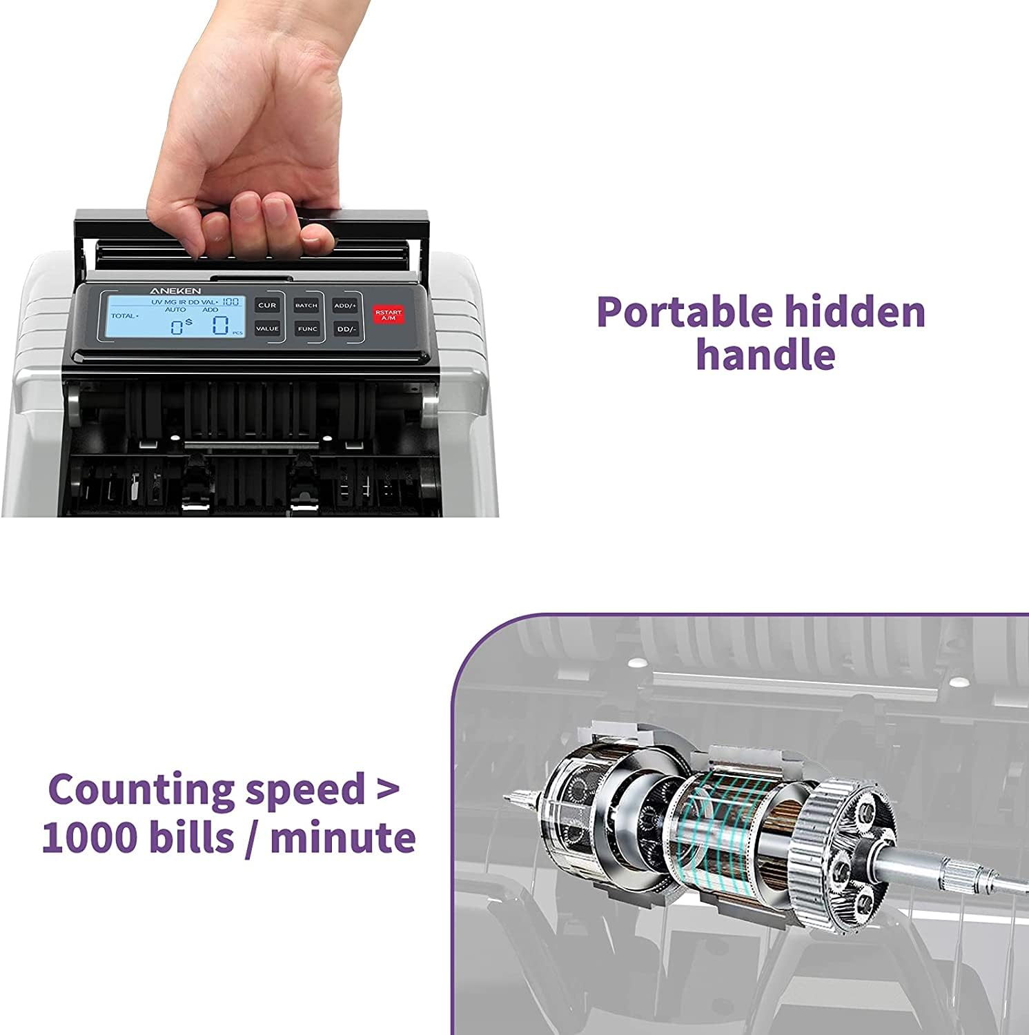 Aneken Money Counter Machine with Value Count, Dollar, Euro UV/MG/IR/DD/DBL/HLF/CHN Counterfeit Detection Bill Counter, Add and Batch Modes, Cash Counter with LCD Display, 2-Year Warranty