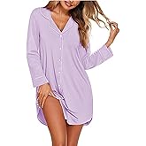 Ekouaer Women's Nightgown Long Sleeve Nightshirt Button Down Sleepshirt Boyfriend Sleepwear Pajama Dress S-XXL
