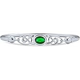Traditional Irish Celtic Heart Claddagh Brooch Bangle Bracelet For Women Simulated Green Emerald, Red Ruby .925 Sterling Silver