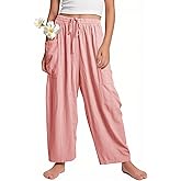 Flygo Girls Wide Leg Pants Casual Flowy Elastic Waist Palazzo Harem Trousers with Pockets 5-14Y