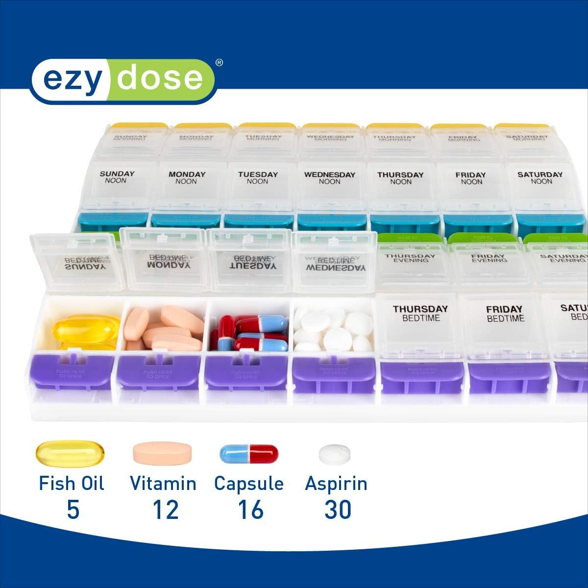 Ezy Dose Push Button (7-Day) Pill, Medicine, Vitamin Organizer Box | Weekly, 4 Times a Day, AM PM | 2XL Compartments | Arthritis Friendly | Clear Lids: Health & Personal Care