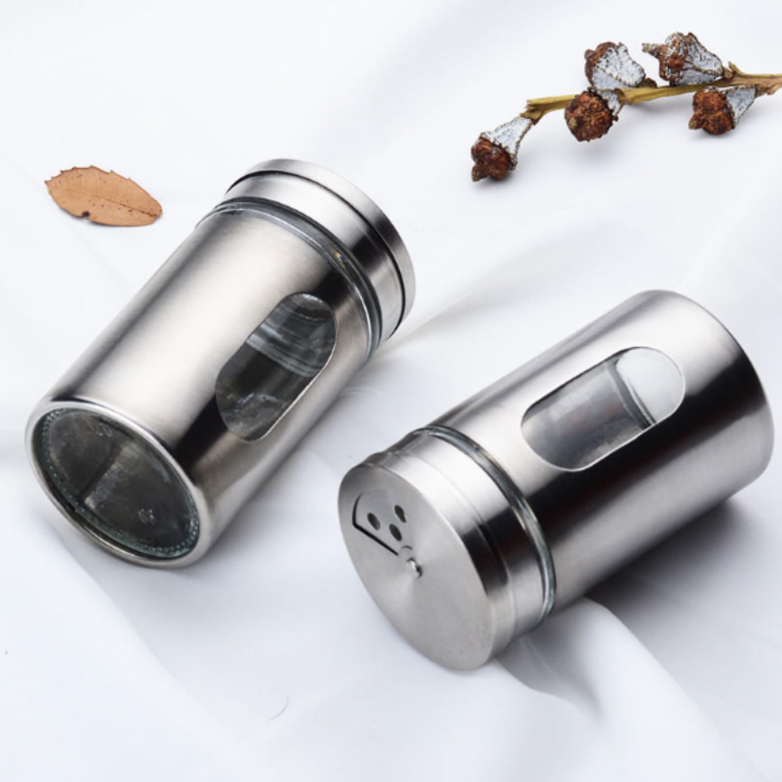 1Pcs Salt and Pepper Shaker Stainless Steel, Coarse Salt Shaker with Adjustable Pour Holes, Stainless Steel Salt Shaker with Clear Glass Body Metal Salt Shaker, Travel Seasoning Containers for Salt