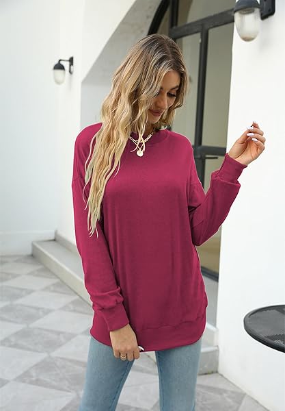 HOUNT WOMENS CASUAL FALL LONG SLEEVE TOPS LOOSE FIT PULLOVER TUNIC TOPS SWEATSHIRTS (SMALL, ROSE RED)