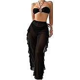 GORGLITTER Women's 3 Piece Swimsuit Set Drawstring Halter Bikini Set with Mesh Ruffle Pants