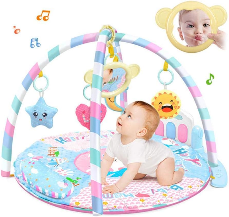 lesgos Gym Mat for Baby, Infant Activity Fitness Play Mat with Piano Mirror and Hanging Rattle Toys, Cartoon Cradle Toy Musical Development Playmat for Girl and Boy 0-36 Month