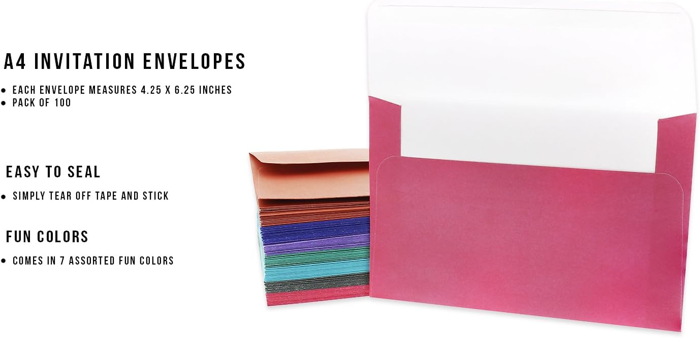 100 Pack A4 Envelopes - 4.25 x 6.25 Inches - Square Flap Photo Envelopes - Invitation Envelopes for Wedding Invitations - 100GSM, Assorted Colors : Office Products