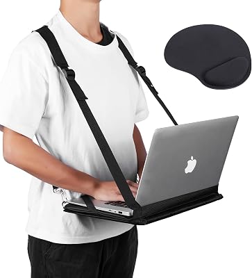 Imbracatura per Laptop - Scrivania per Computer Regolabile Nera da Passeggio - Compatibile con la Maggior Parte dei Portatili (fino a 14 pollici) - Inlcude Tappetino per Mouse in Memory Foam