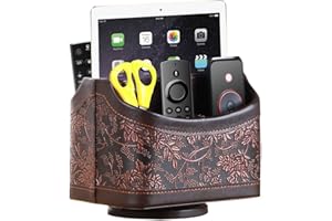 YAPISHI Antique Leather Remote Control Holder, 360 Degree Spinning Desk TV Remote Caddy/Box, Bedside Table Organizer for Controller, Media, Calculator, Mobile Phone and Pen Storage