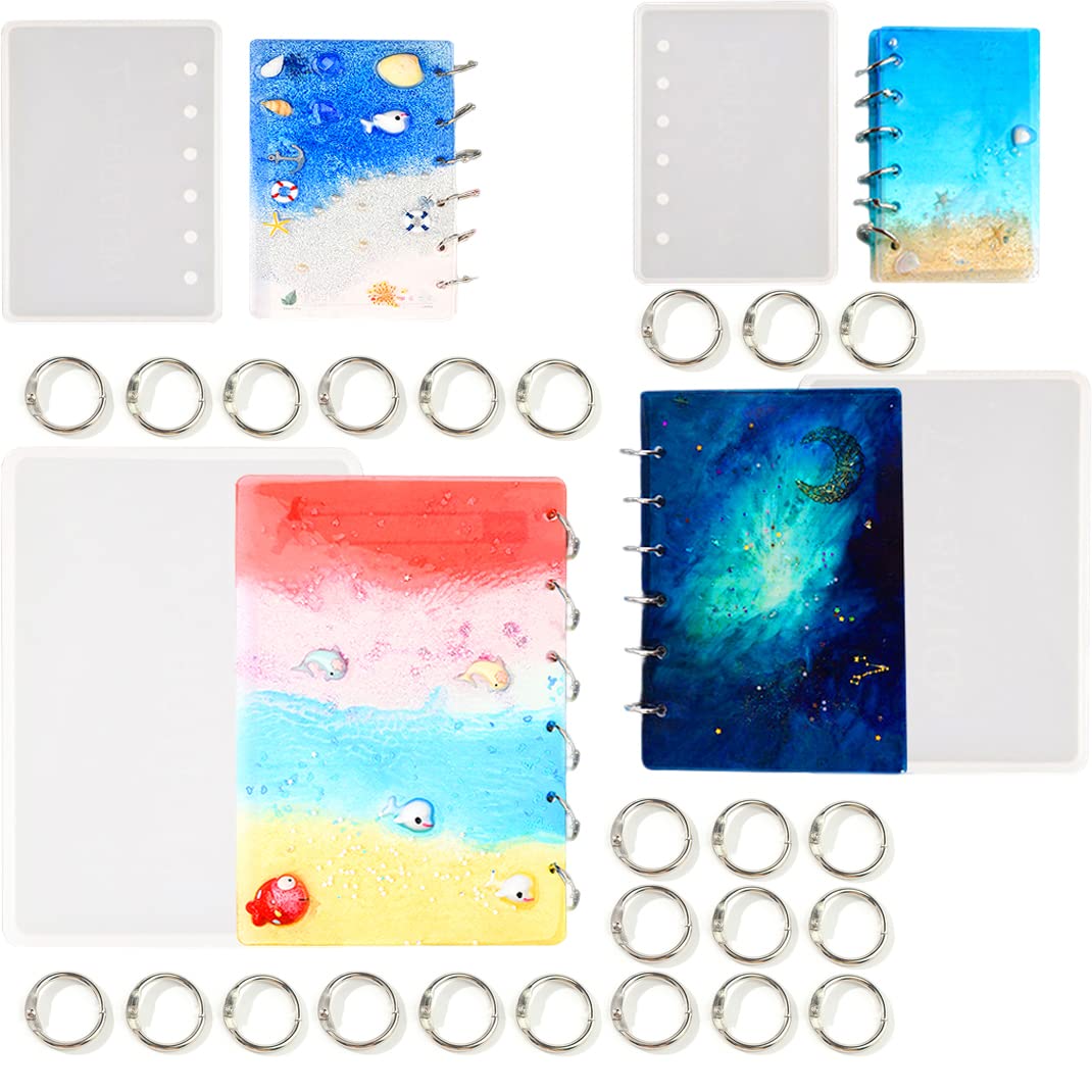 DIYBravo 4Pcs Notebook Moulds Silicone Moulds Notebook Cover Resin Moulds Epoxy Casting Moulds for B5 A5 A6 A7 with 24 pcs Book Cover Rings