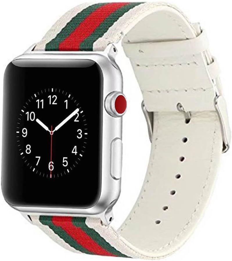HUANLONG New Nylon Band Compatible with Apple Watch 38/40/42/44mm, Nylon with Leather Buckle Smart Strap Compatible for iwatch Series 1/2/3/4/5 (White/Green/Red, 42mm/44mm)