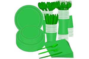 LASLU 116 Pieces Green Party Supplies Include Disposable Dessert Paper Plates Cups Napkins Forks Knives Spoons Serve 16 Guest