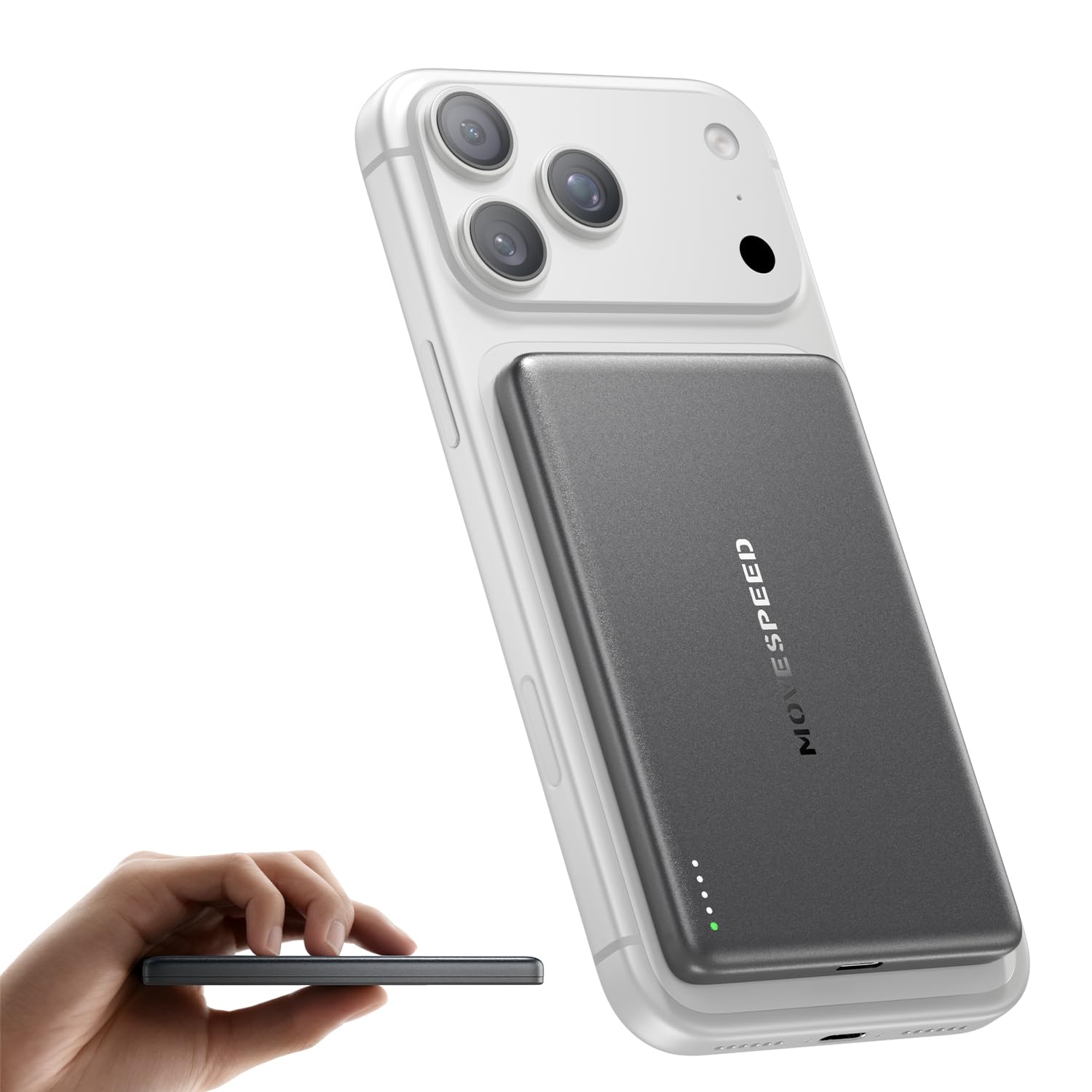 MOVE SPEED 0.3'' Ultra Slim MagSafe Portable Charger, 5,000mAh Battery Pack, Magnetic Power Bank with USB C Cable,Alloy Wireless Charger for iPhone 17 Pro Max/17 Air/16/15/14/13/12, Starry Gray