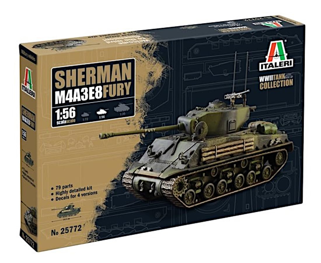 ITALERI M4A3E8 Sherman Fury 1/56 Scale Model Kit, Unpainted, Assembly Required