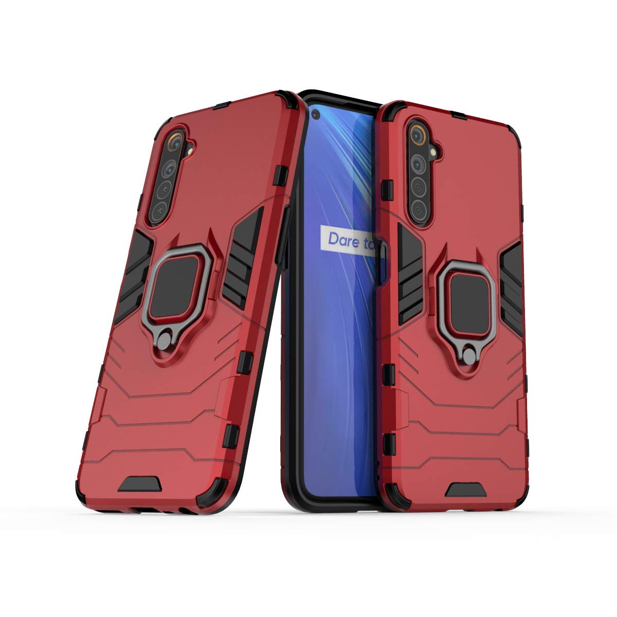 MRSTER Realme 6 Case, Heavy Duty Armor Dual Layer Shock Resistant Hybrid Protective Case Cover with Ring Holder Kickstand for Realme 6. HB Red
