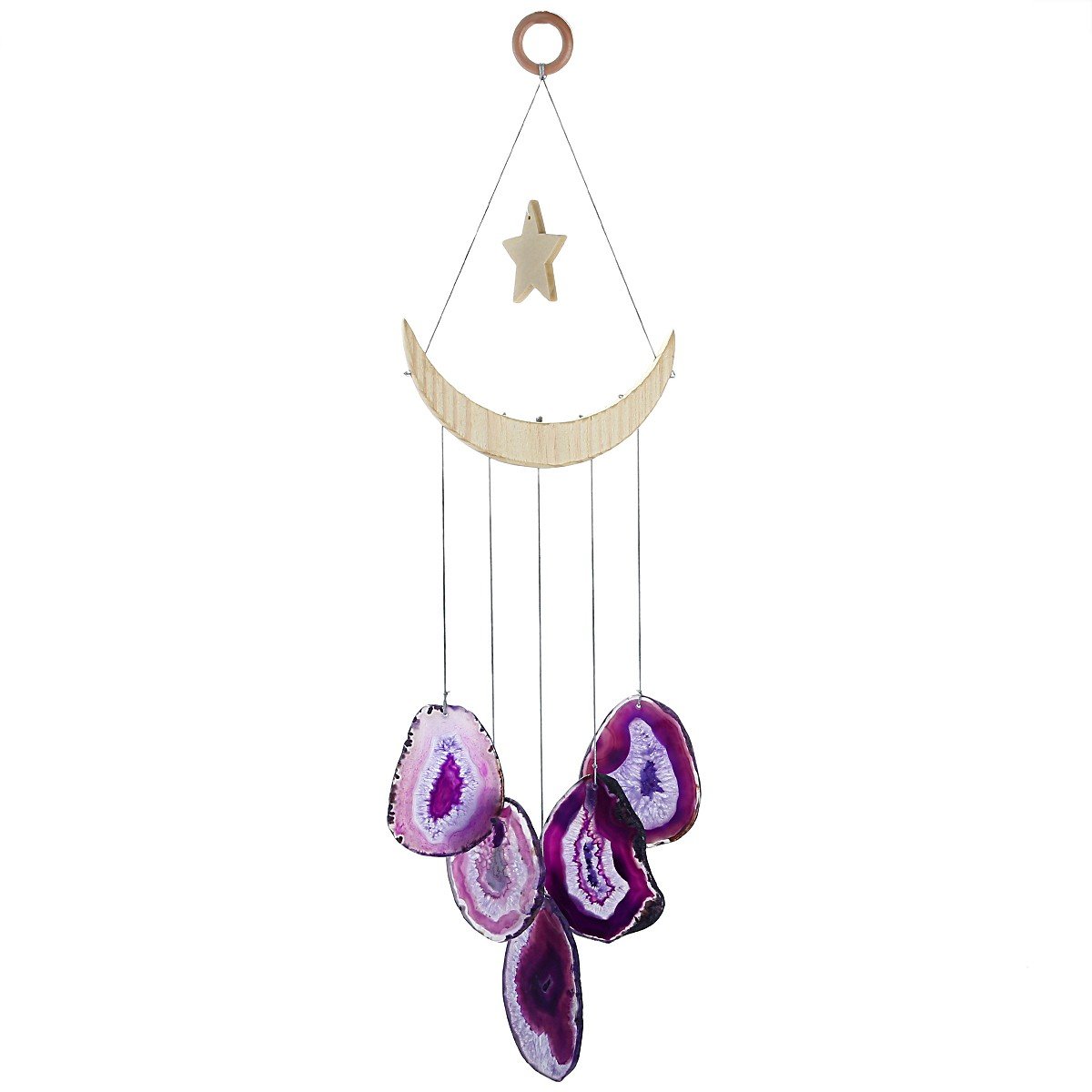 mookaitedecor Purple Agate Slice Crystal Wind Chime for Bedroom Window Indoor Outdoor Decor, Star & Moon Healing Crystal Wall Art Hanging Ornament Reiki Wind Chime Gift Feng Shui Purple Room Decor