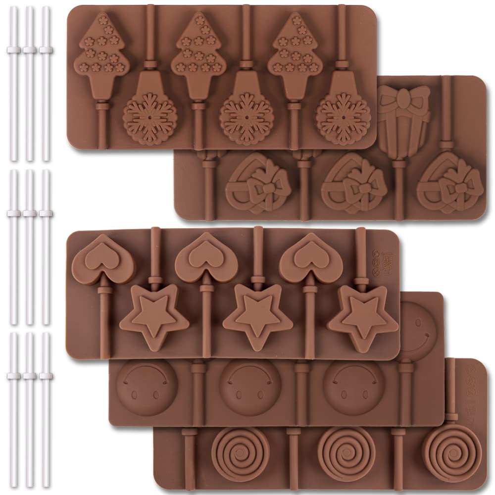 Cozihom 6 Cavity Silicone Lollipop Mould, Chocolate Mould, Typical Round, Stars & Hearts, Bowknots, Christmas, Smile Faces Shape, 5 PCS, and 130 PCS Lollipop Sticks.
