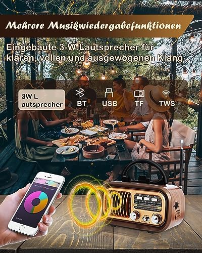 Retro Radio mit Bluetooth, AM/FM/SW Kofferradio, Tragbares Radio mit 1200mAh Akku & D-Batterien, USB/TF, Vintage Radio für Küche, Zuhause, Garten & Camping — Foto 6 von 7