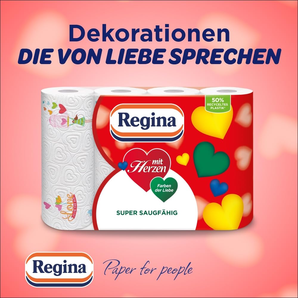 Regina mit Herzen Haushaltstücher - 32 Rollen-Packung (8 x 4 Einzelpackungen), 43 Blatt 3-Lagig, Super Saugfähig, Dick, Beständig, FSC Papier 4