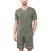 COLORFULLEAF Men's 100% Cotton Pajama Set Short Sleeve Button Down Sleepwear Soft V-neck Lounge Pjs with Pockets