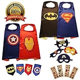 KidsLuvFun Superhero Capes For Kids, 4 Pack - Cartoon Dress Up incl. Capes, Masks, Felt Cuffs and 4 Sticker Packs