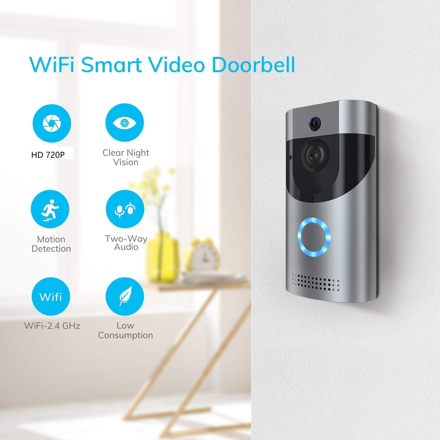 WiFi Video Doorbell with LED Ring HD Battery or AC Power PIR Detection Two-Way Audio Talk Notification/Alert on Phone Motion Detect Recording on SD Card or Cloud