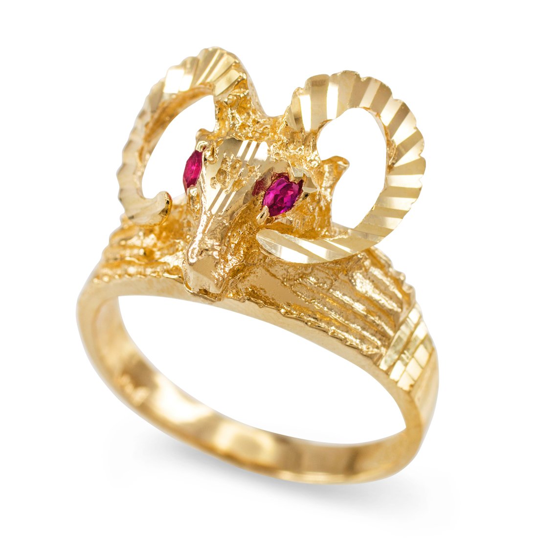 Textured Gold Ram Head Aries Zodiac Sign Red CZ Ring (9)