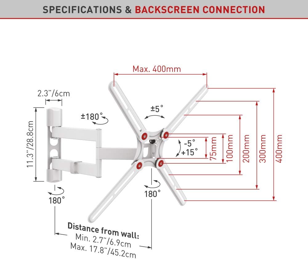 Barkan White TV Wall Mount, 13-65 inch Full Motion Articulating, 4 Movement Flat/Curved Screen Bracket, Holds up to 40kg - Image 5