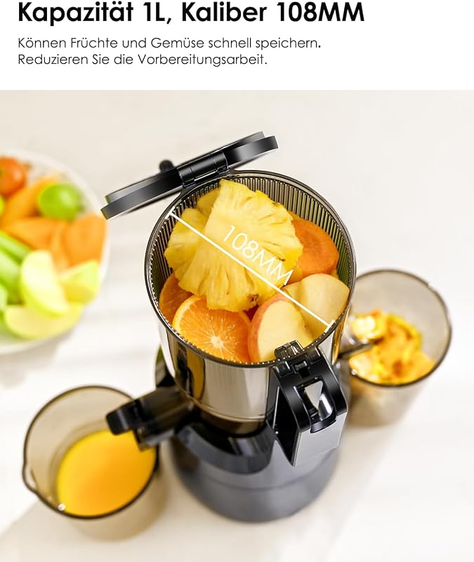 Entsafter,Slow Juicer mit Größere Fütterungsröhre, für ganze Gemüse und Obst,BPA-frei Tritan-Material Entsafter,Einfacher Installation,Einfache Reinigung (Rauchschwarz, 1L)