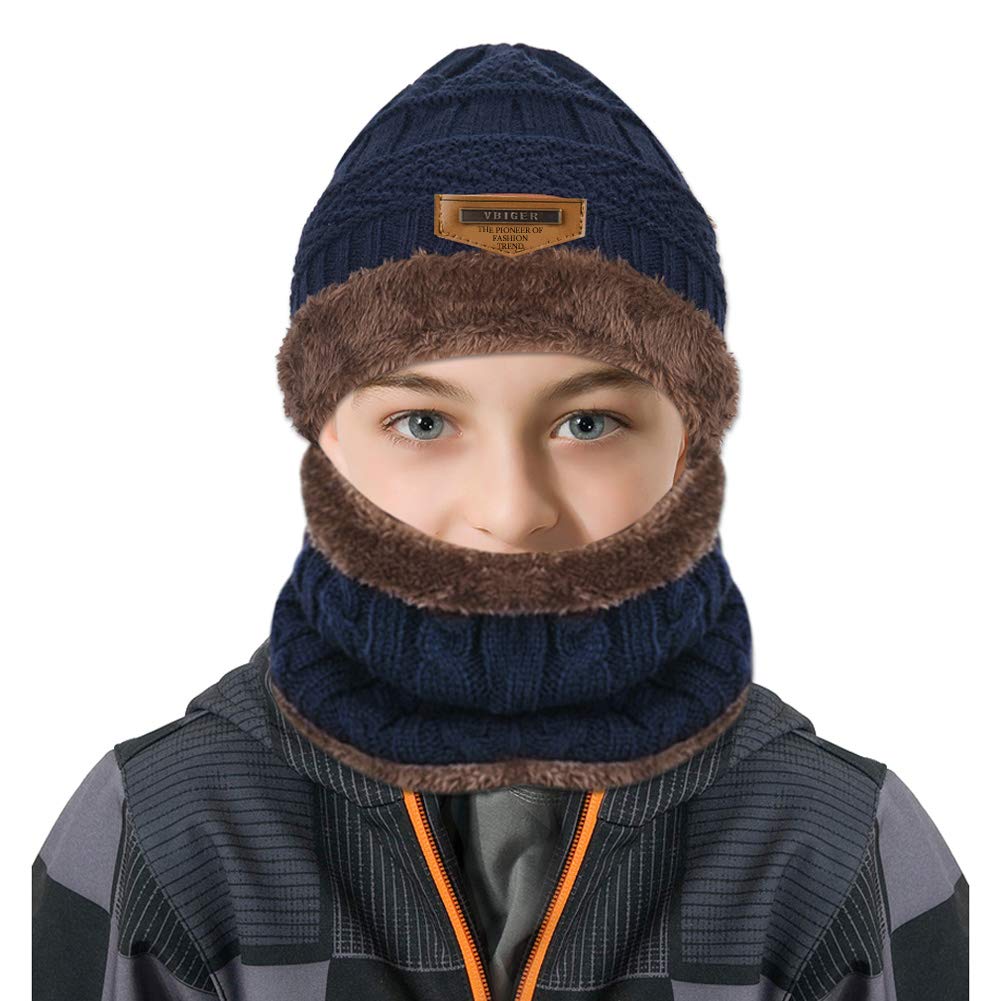 Vbiger Enfants Bonnet Tricoté Écharpe Épais Tour De Cou Avec Double polaire pour Garçons et Filles,2 Pièces, Marine, Taille unique