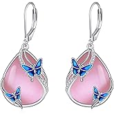 Dragonfly/Butterfly/Bee/Hummingbird/Owl/Cat/Axolotl Earrings for Women Sterling Silver Moonstone Cat'Eye Stone Turquoise Lapis Lazuli Onyx Opal Dangle Jewelry Gifts for Women