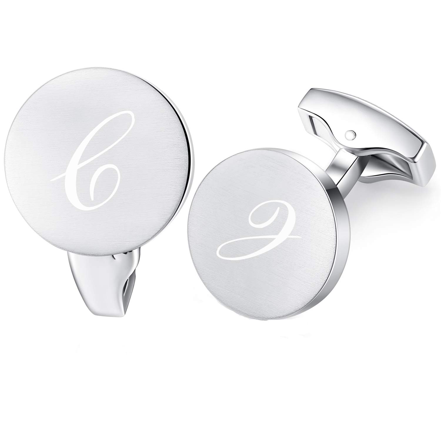 Honey Bear Initial Alphabet Letter Cufflinks for Men, Silver Round Shape Stainless Steel Wedding Business Gifts A - Z (C)