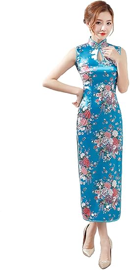 Amazon Co Jp 古韵 チャイナドレス ロング丈 スキッパーカラー ドレスワンピース オシャ レスタイル ノースリーブ 柄 旗袍 チーパオ ドレス 薄手 服 ファッション小物