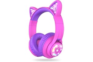 iClever Cat Ear Kids Bluetooth Headphones, LED Lights Up, 74/85dBA Safe Volume Limited, 50H Playtime,Bluetooth 5.2, USB C, Kids Headphones Wireless for Travel iPad Tablet, Meow Macaron Hot Pink