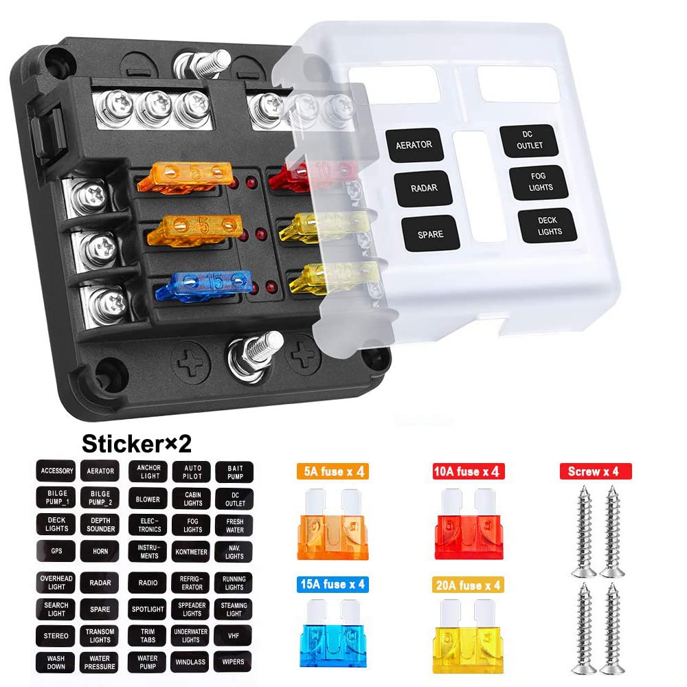 Gebildet 32V 6 Way Fuse Box with LED Indicator, ATC/ATO Fuse Holder for Car Boat SUV Marine Trike with Protective Cover + 12 pcs Blade Fuses + Stickers