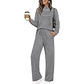 WIHOLL Two Piece Sets for Women Fall Travel Vacation Outfits 2026 Long Sleeve Lounge Sets Side Slit Wide Leg Pants S-3XL