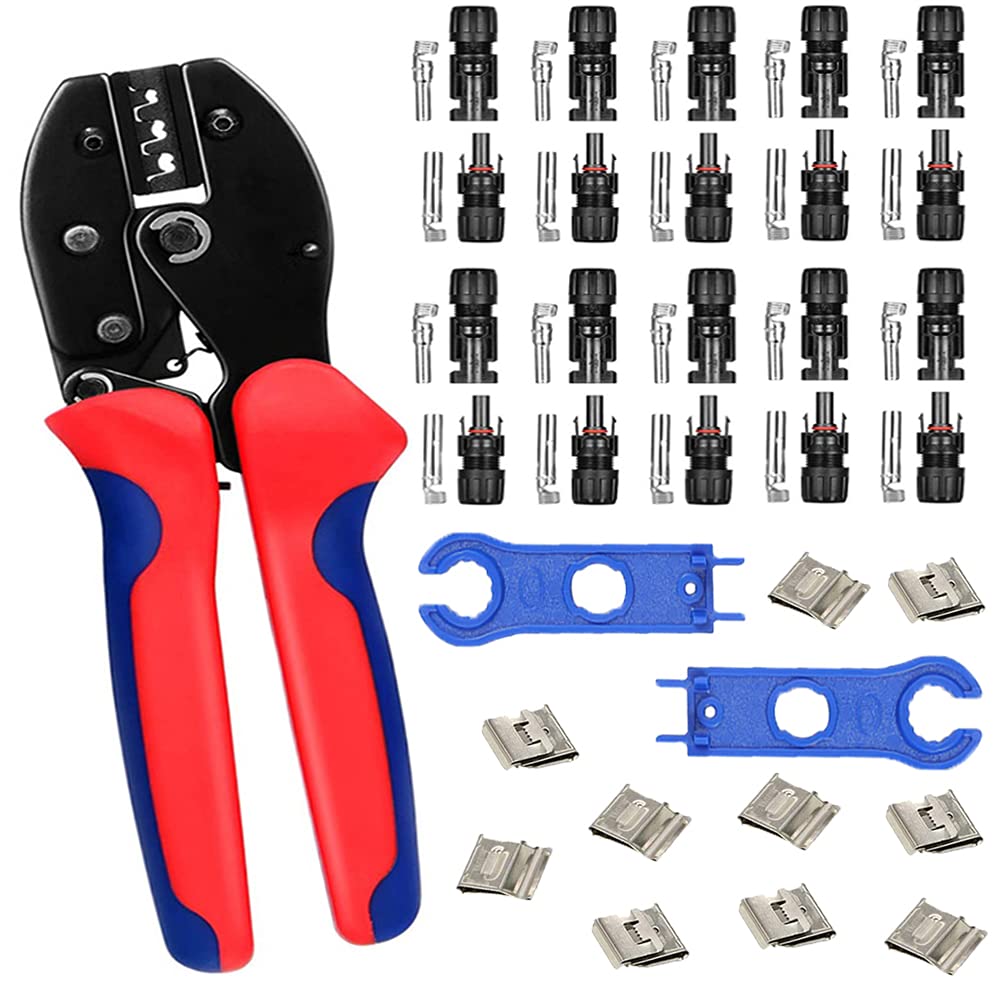QeeHeng Solar Crimping Tool Kits, for 2.5/4.0/6.0mm² Solar Panel PV Cable, 1 Crimper, 20pcs Male Female Solar Panel Connectors, 2 Straight Wrenches, 23 PCS Solar Panel Wiring Kits