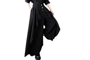 ellazhu Women's Pants Wide Leg Pocket High Waist Button Pocket Asymmetrical Irregular Hem GZ468