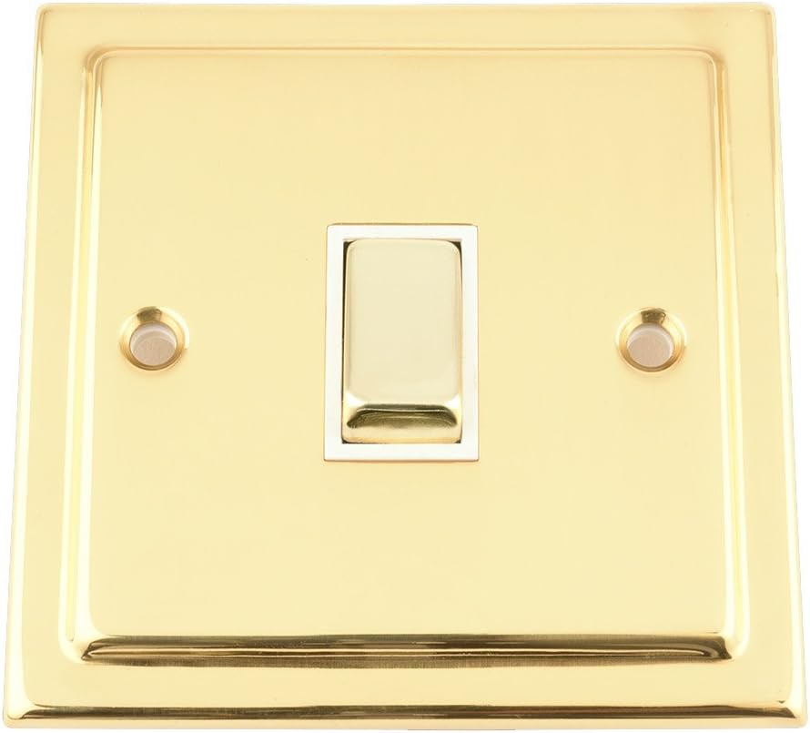 Light Switch Single 1 Gang - Victorian Polished Brass - White Insert - Metal Rocker Switch - 10 Amp 1 Gang 2 Way