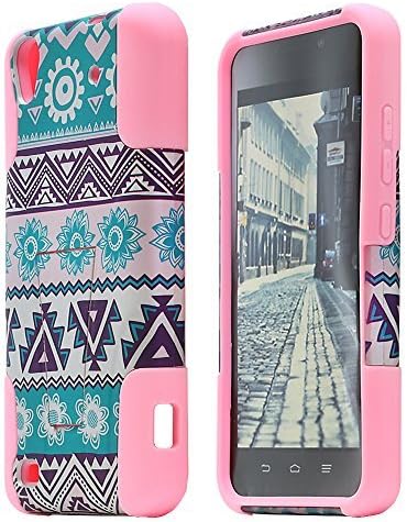 For ZTE Quartz Z797C / ITUFFY 2 items: Stylus Pen + Dual Layer Impact Resistance Plastic Cover Soft Rubber KickStand Hybrid Case (Aztec Flower - Light Pink)