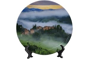 LIGUTARS Tuscany Italy Ceramic Hanging Decorative Plate, House in The Mist Decorative Dish with Stand Ceramic Ornament, for Display Kitchen Dinner Plate Dessert Dish Home Office Wall Decor
