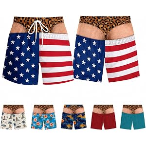 Custom Funny Patriotic Men Swim Trunks, Hairy Butt Beach Shorts, Big Booty Gag Gift for Him, Bachelor Party Shorts Red and Wh