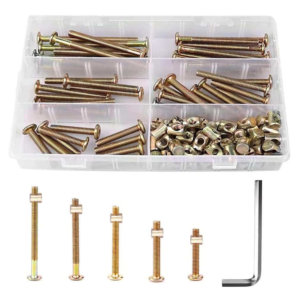 FIGFYOU 51Pcs M6 Furniture Hardware Set, Zinc-Plated Bolts & Nuts Crib Fasteners Kit - Bed Frame Screw Assortment for Bunk Cot, Beds, Furniture Assembly (40,50,60,70,80mm)