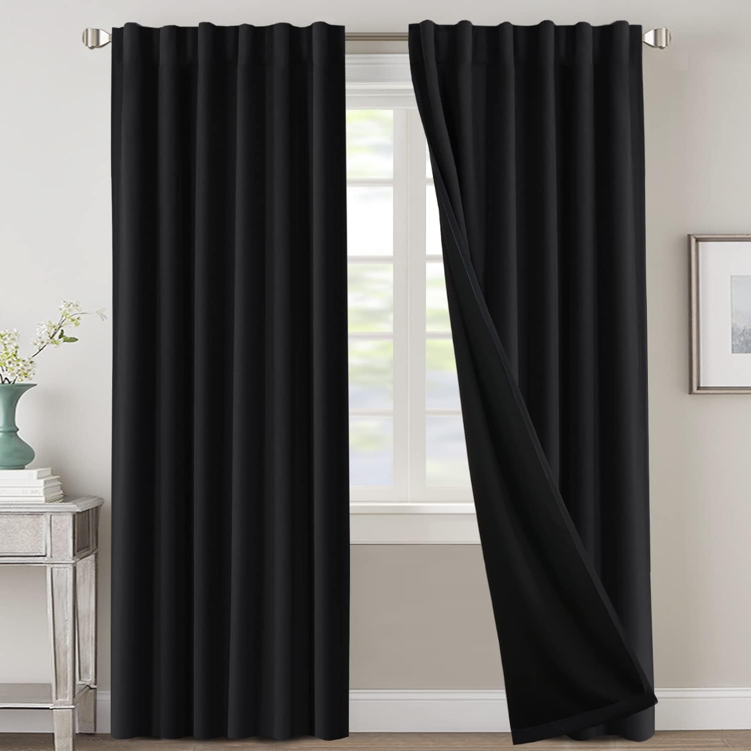 Window Treatments - H.VERSAILTEX 100% Blackout Curtains for Bedroom with Black Liner Full Room Darkening Curtains 96 Inches Long Thermal Insulated Back Tab/Rod Pocket Window Drapes for Living Room, Jet Black, 2 Panels