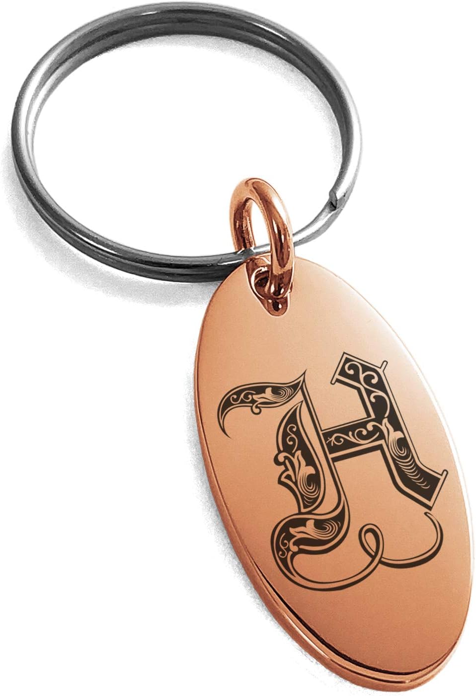 Tioneer Stainless Steel Letter H Initial Royal Monogram Engraved Small Oval Charm Keychain Keyring