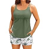 Tempt Me Two Piece Tankini Swimsuits for Women Tummy Control Bathing Suit with Shorts Athletic Two Side Pockets Swimwear